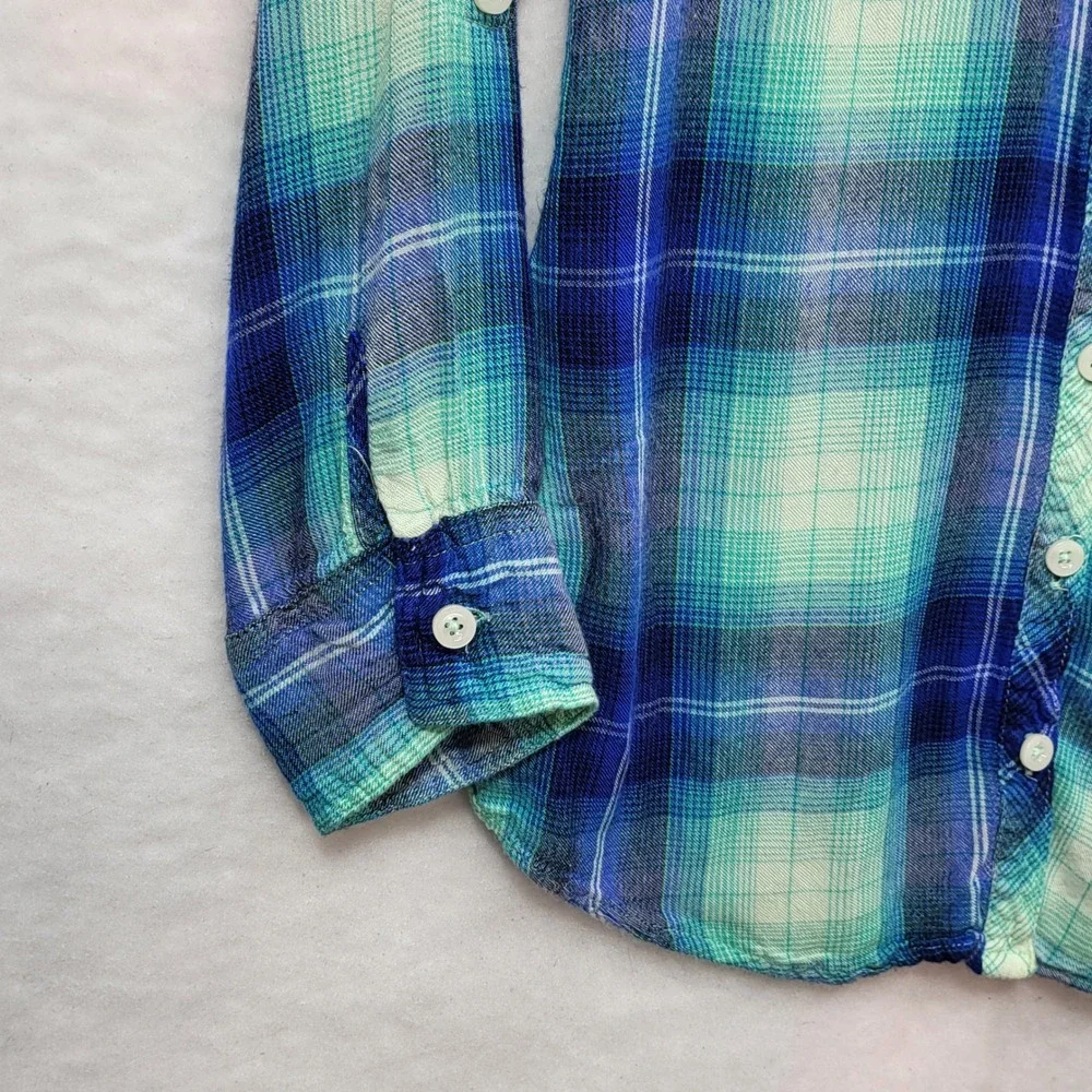 Justice Girls Blue‎ Teal Plaid Button Down Shirt Roll Tab Sleeve Size 10 Rayon
